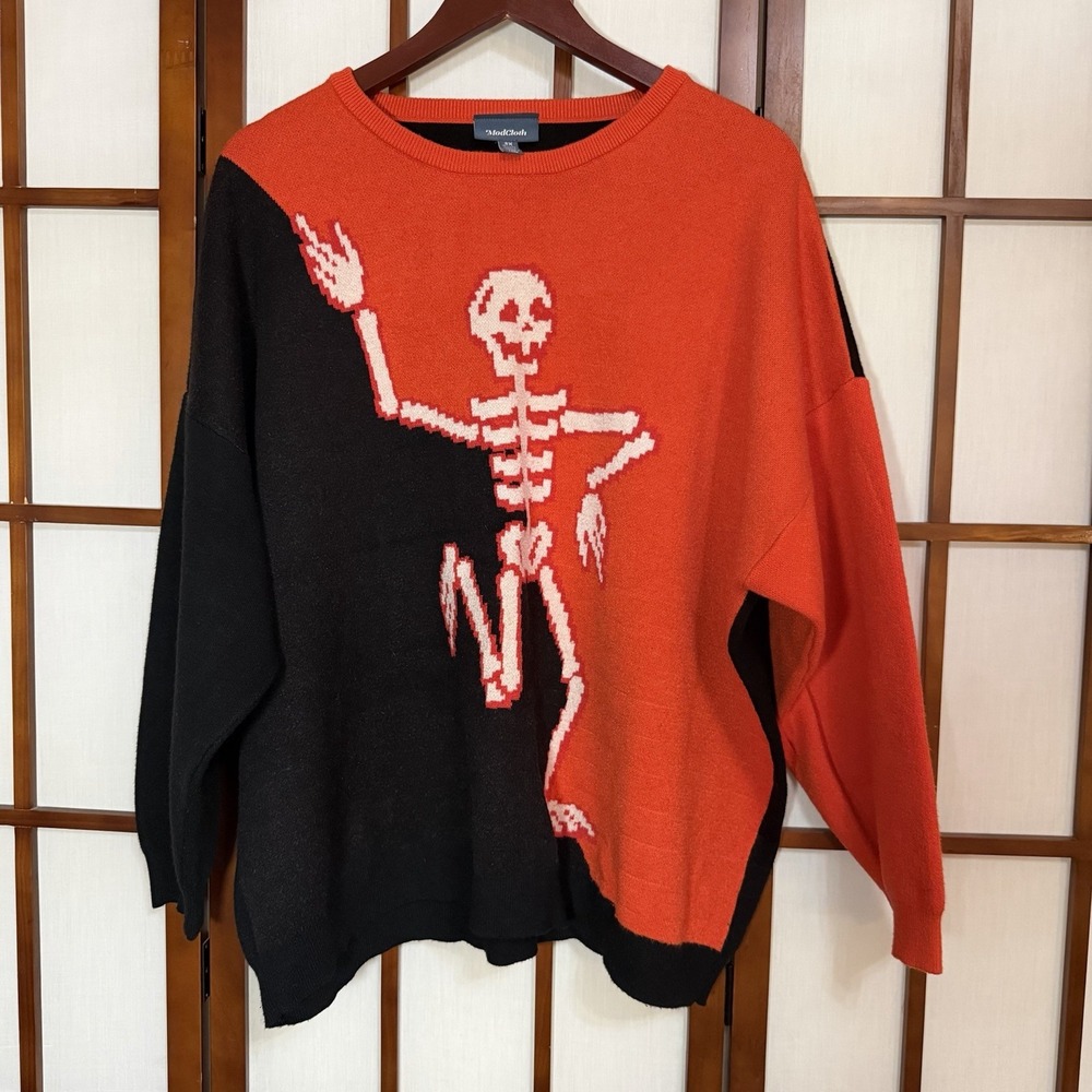 ModCloth Colorblock Halloween Skeleton Sweater 3X Crewneck Orange Black